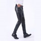 Idopy Men`s Business Slim Fit Five Pockets Stretchy Comfy Black Solid Faux Leather Pants Jeans Trousers For Men
