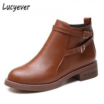 Lucyever Thick Heels Martin Boots Soft Leather Ankle Shoes Vintage Casual Shoes Woman Brand Design Retro Women Boots Black Brown32904466631