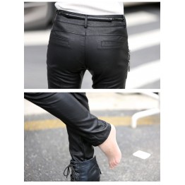 Spring Autumn Casual Leather Pants Lady Hot Slim PU Leather Stylish Zipper Fashion Pencil Skinny Trousers For Woman With Belt