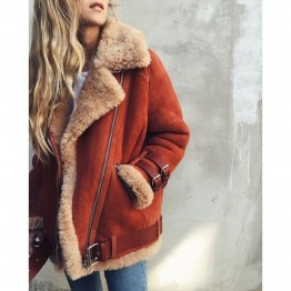 Women's Fashion Autumn Winter Cotton Coat Jacket Leather Motorcycle Loose Version Large Size Zipper Double Pockets Deer Velvet